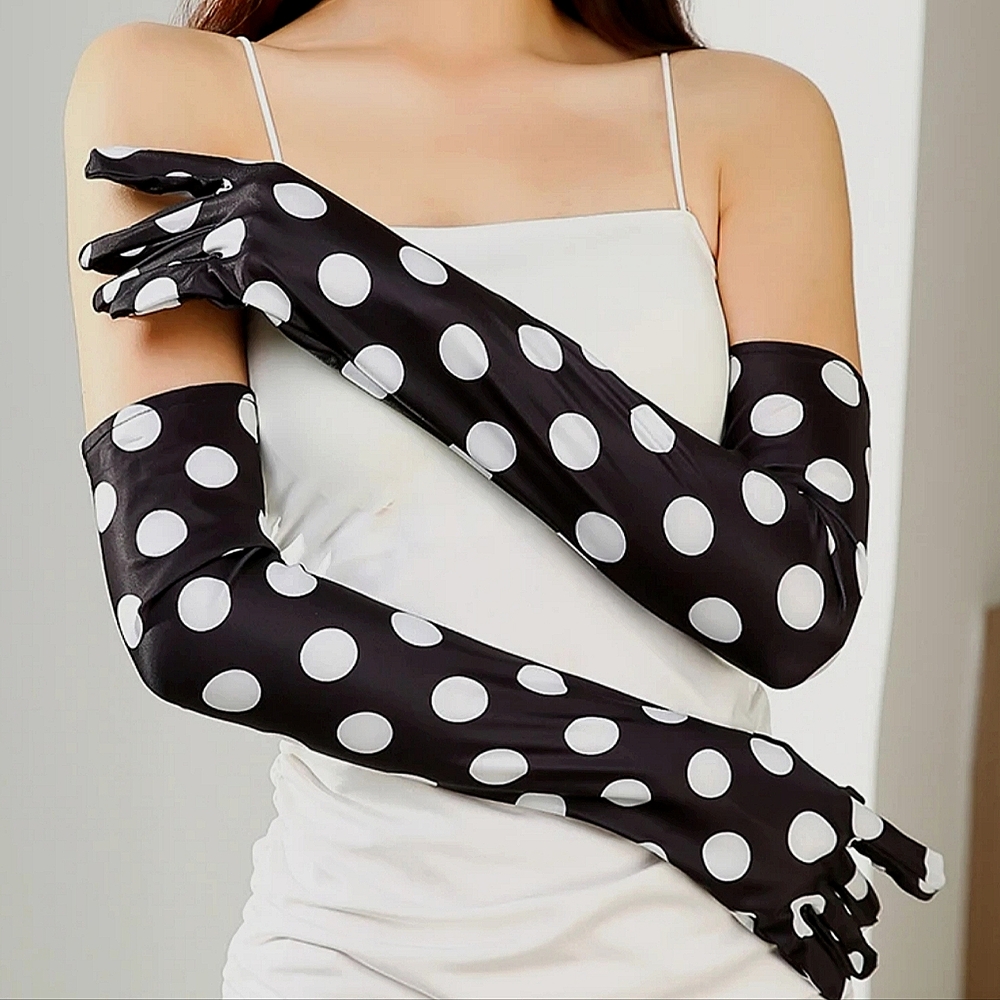 Gorgeous Elegant Black White Polka Dot Vintage Style Opera Gloves